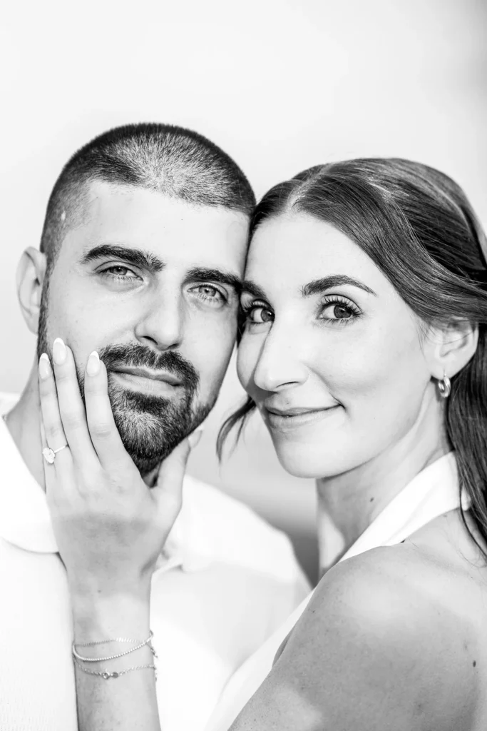 black and white photograph of engagement photos at rc harris water treatment plant in toronto