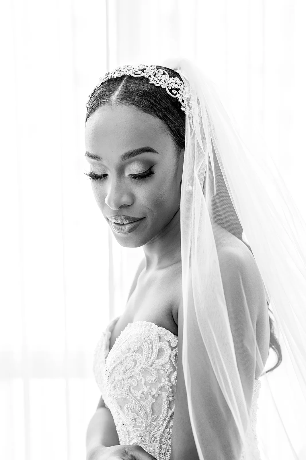 black and white portrait of bride